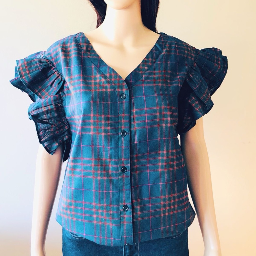 Plaid Ruffle Sleeve Button Up Top - Picture 3 of 9